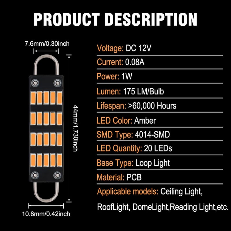 QAUBEN Store Festoon 44mm 1.73" 4014 20-SMD Rigid Loop Super Bright Amber 561 562 567 564 LED Bulbs for Car Interior Map Dome Courtesy Step Lights DC 12V 1W, Pack of 10 - Image 3